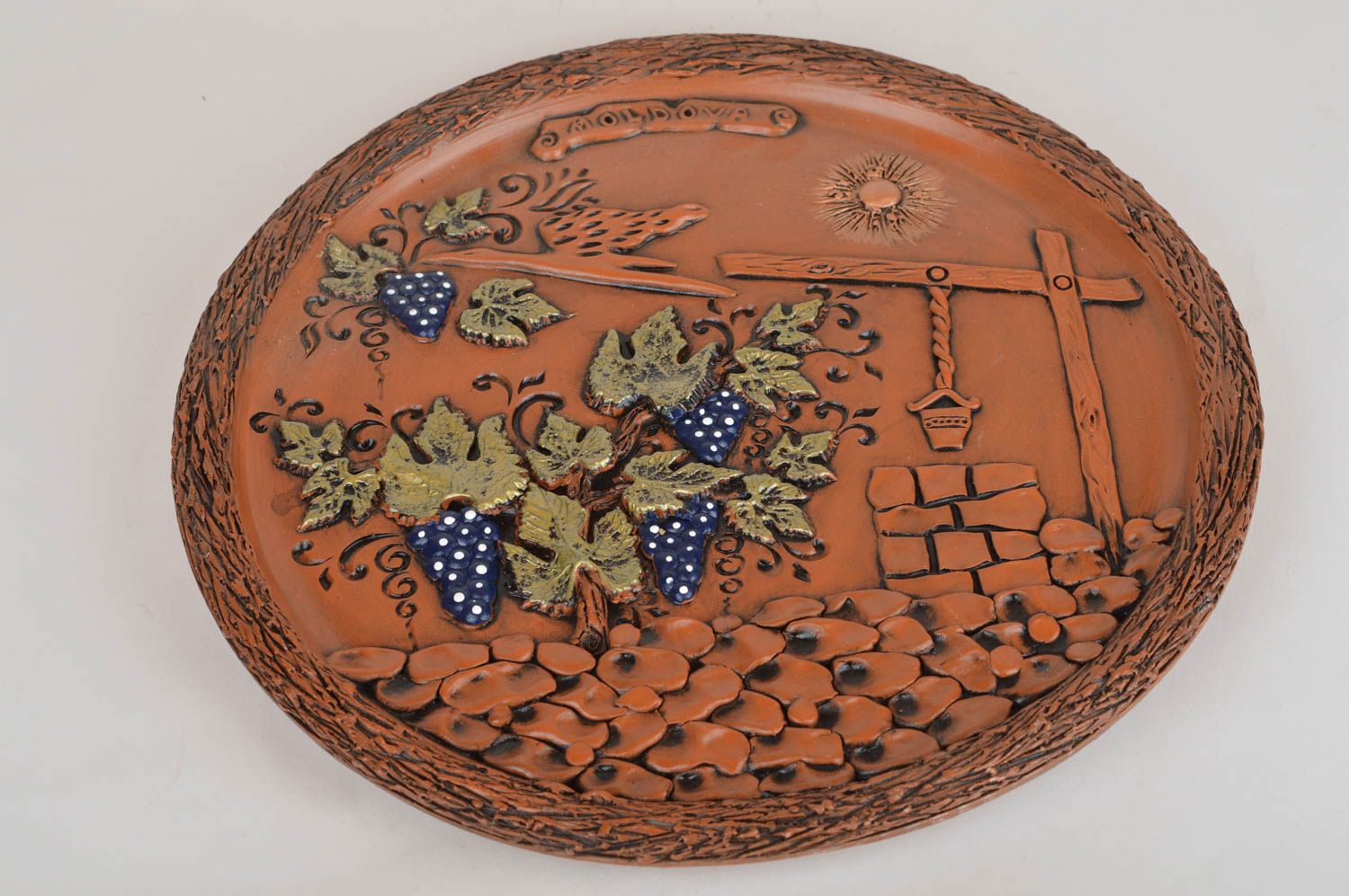 Beautiful handmade designer round clay wall panel decorative ceramic wall plate photo 5