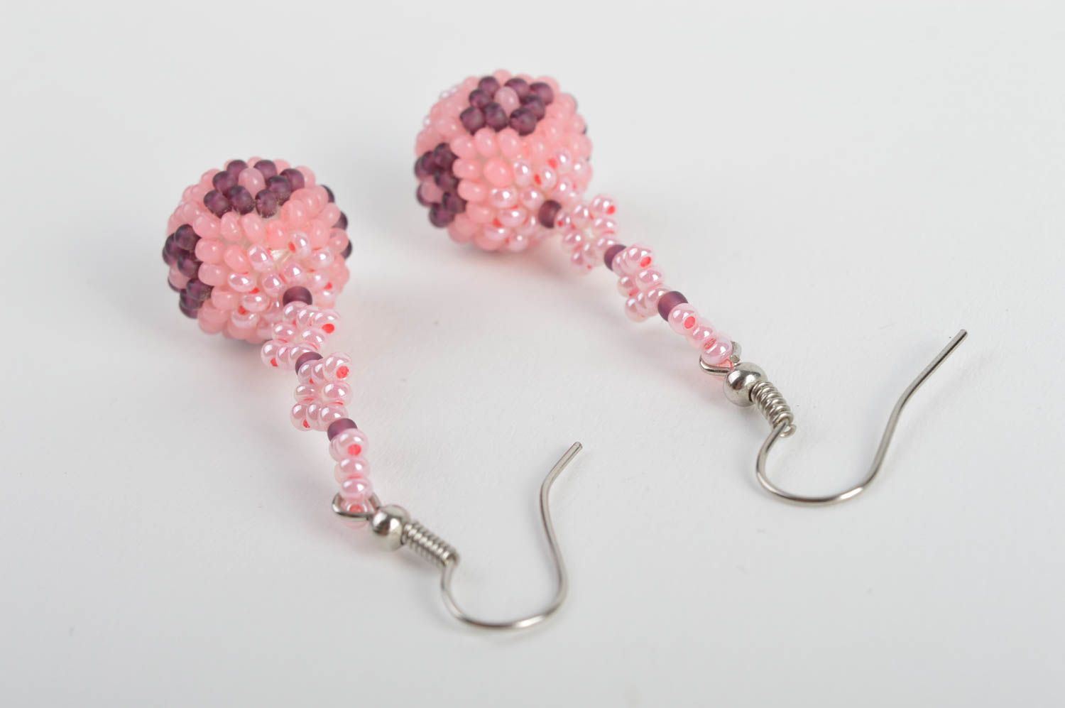 Tender designer long dangle earrings with pink bead woven balls photo 5