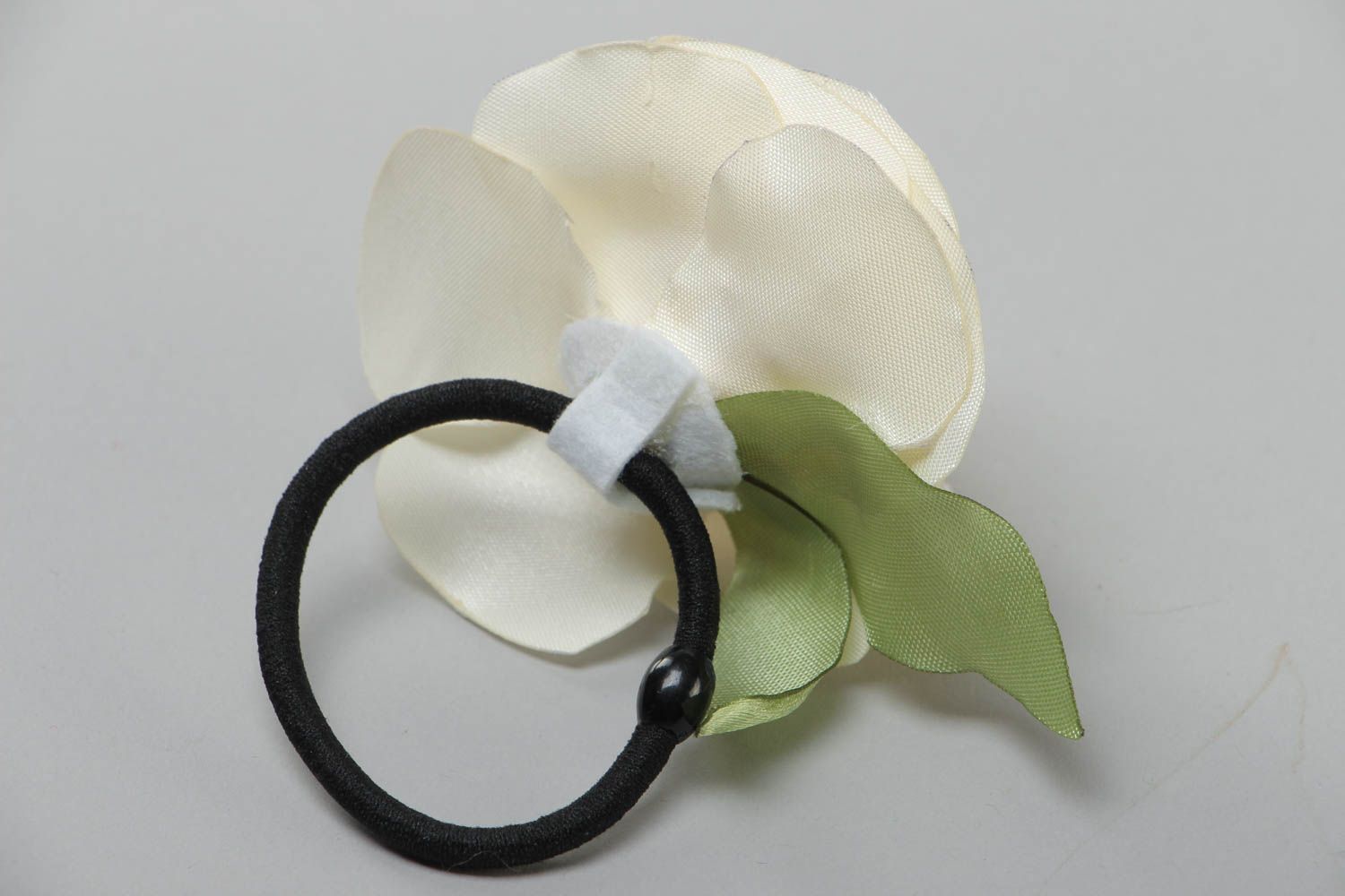 Volume handmade stylish scrunchy with satin ribbon flower White Rose hair accessory photo 4