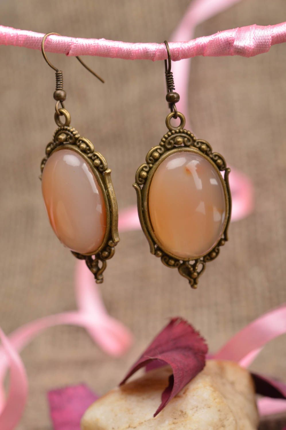Beautiful handmade massive metal earrings with cabochon in vintage style photo 1