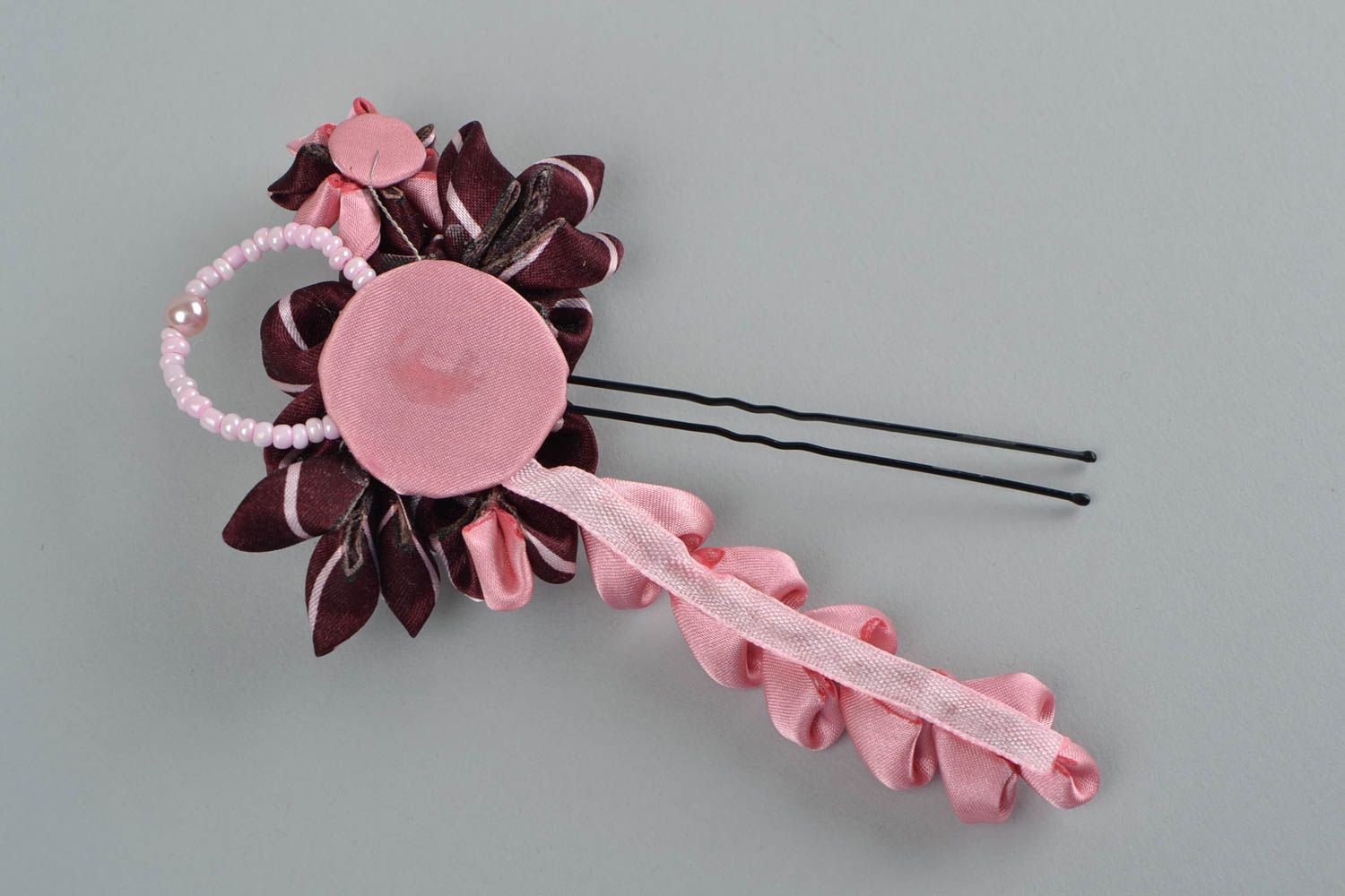 Unusual handmade satin ribbon flower hairpin kanzashi technique photo 5