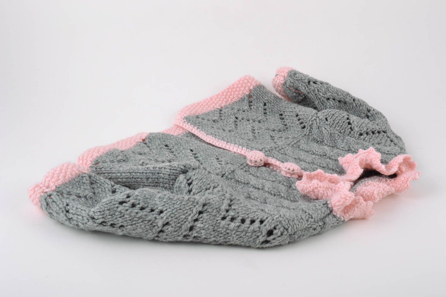 Abrigo para bebés de lana tejido a mano original gris y rosa festivo cálido foto 5