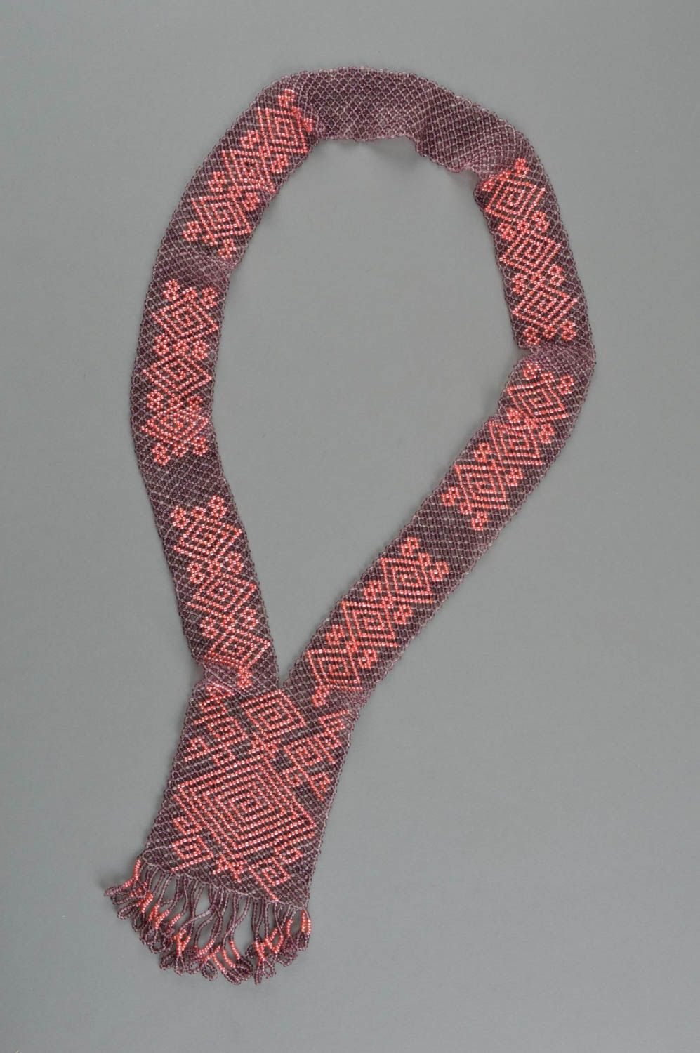 Collier en perles de rocaille mauve rose ethnique large long frange fait main photo 2