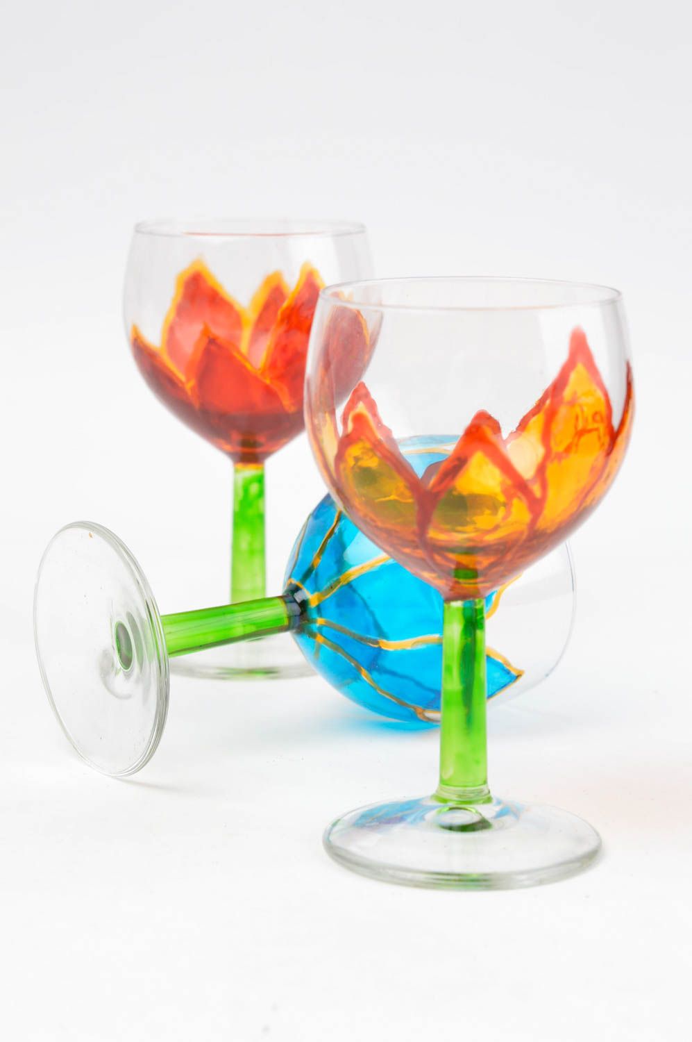 Бокалы для вина ручной работы 3 шт стеклянная посуда оригинальные подарки Цветы фото 2