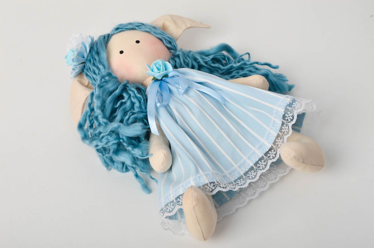 Handmade blauhaarige Designer Puppe im Kleid Stoff Spielzeug schöne Puppe foto 4