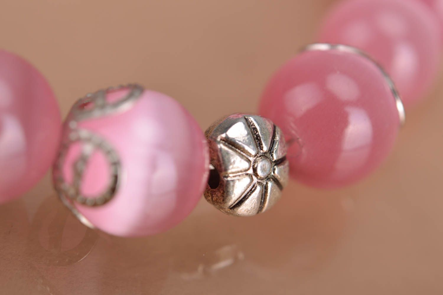 Handmade pink beaded wrist bracelet laconic thin designer accessory for women photo 4