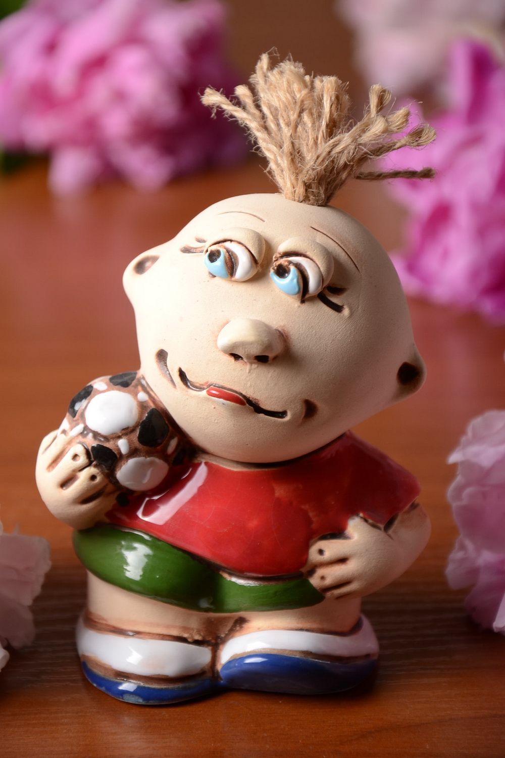 Handmade designer painted semi porcelain figurine Boy with Ball home decor photo 1