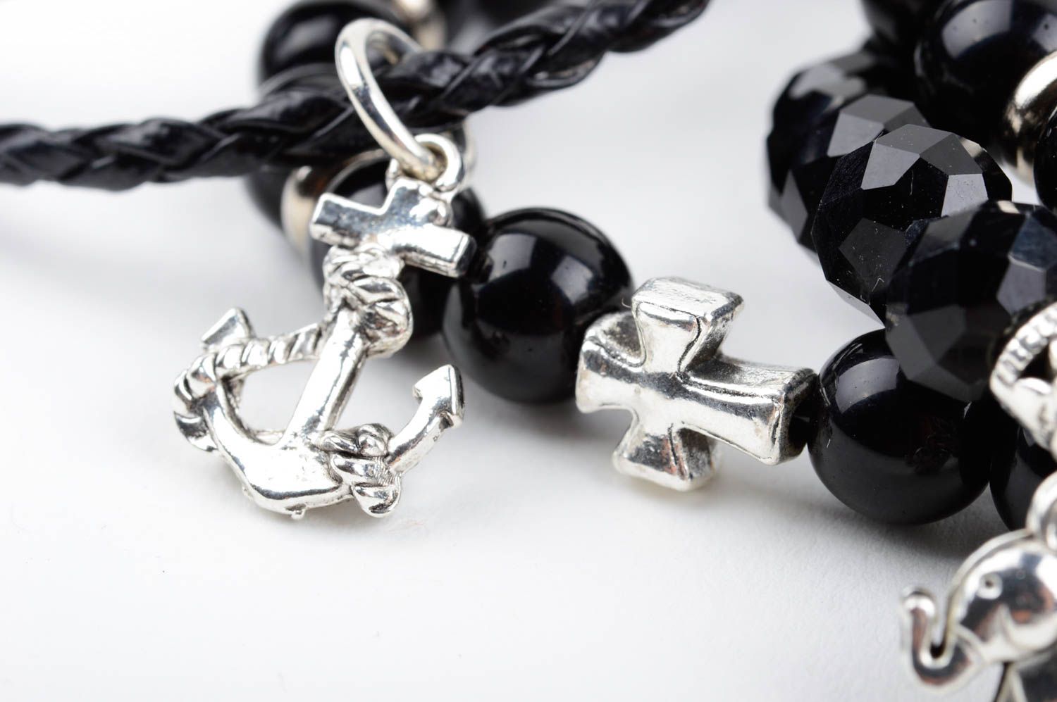 Ensemble de bracelets noirs cuir artificiel cristaux tchèques faits main photo 5