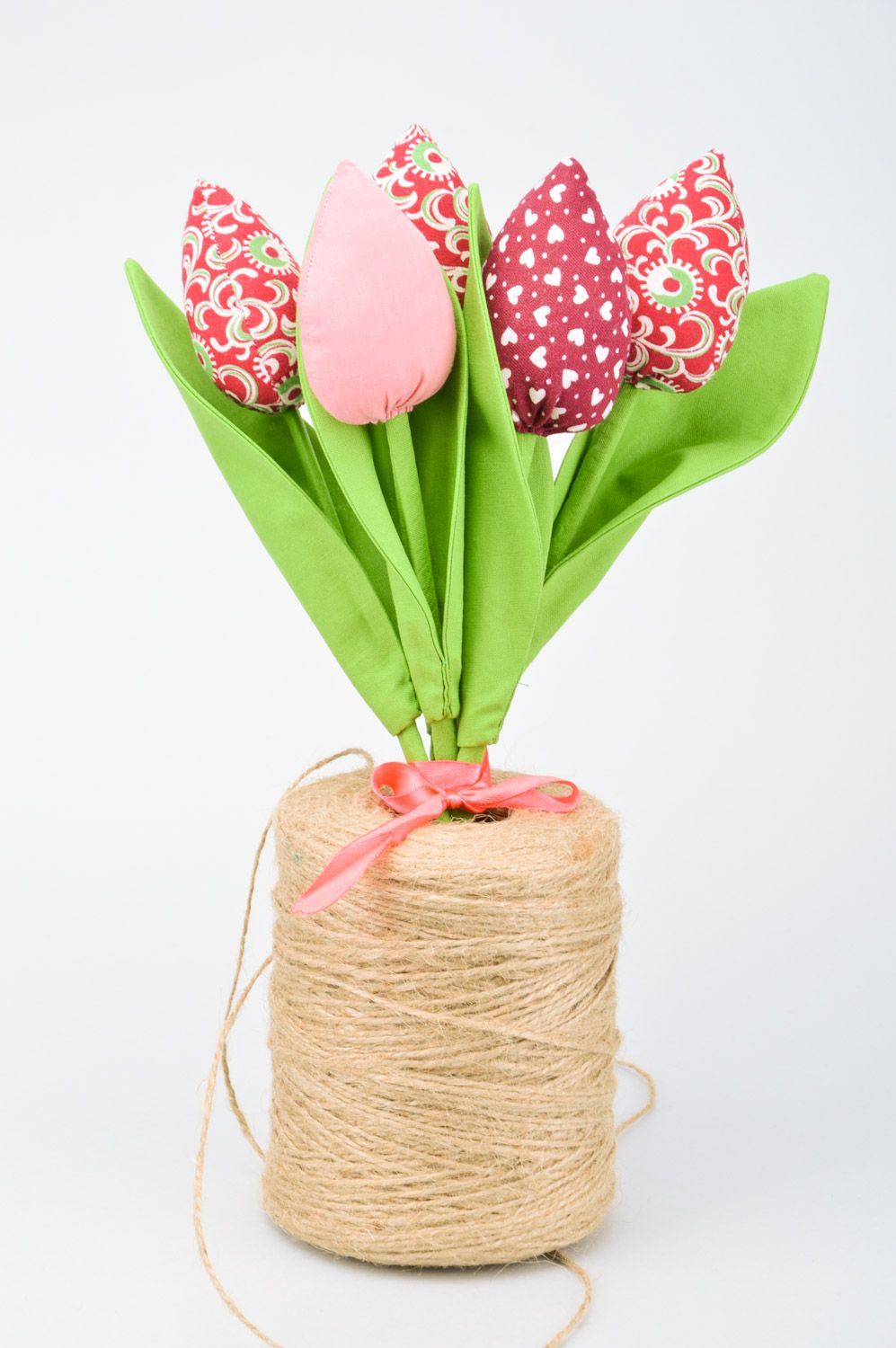 Bouquet of handmade artificial soft flowers sewn of colorful linen fabric 5 items photo 5