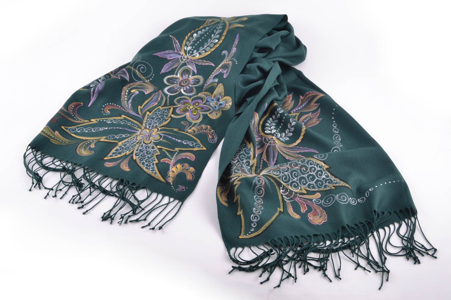 Demi-season painted green cashmere scarf with flowers and fringe photo 4