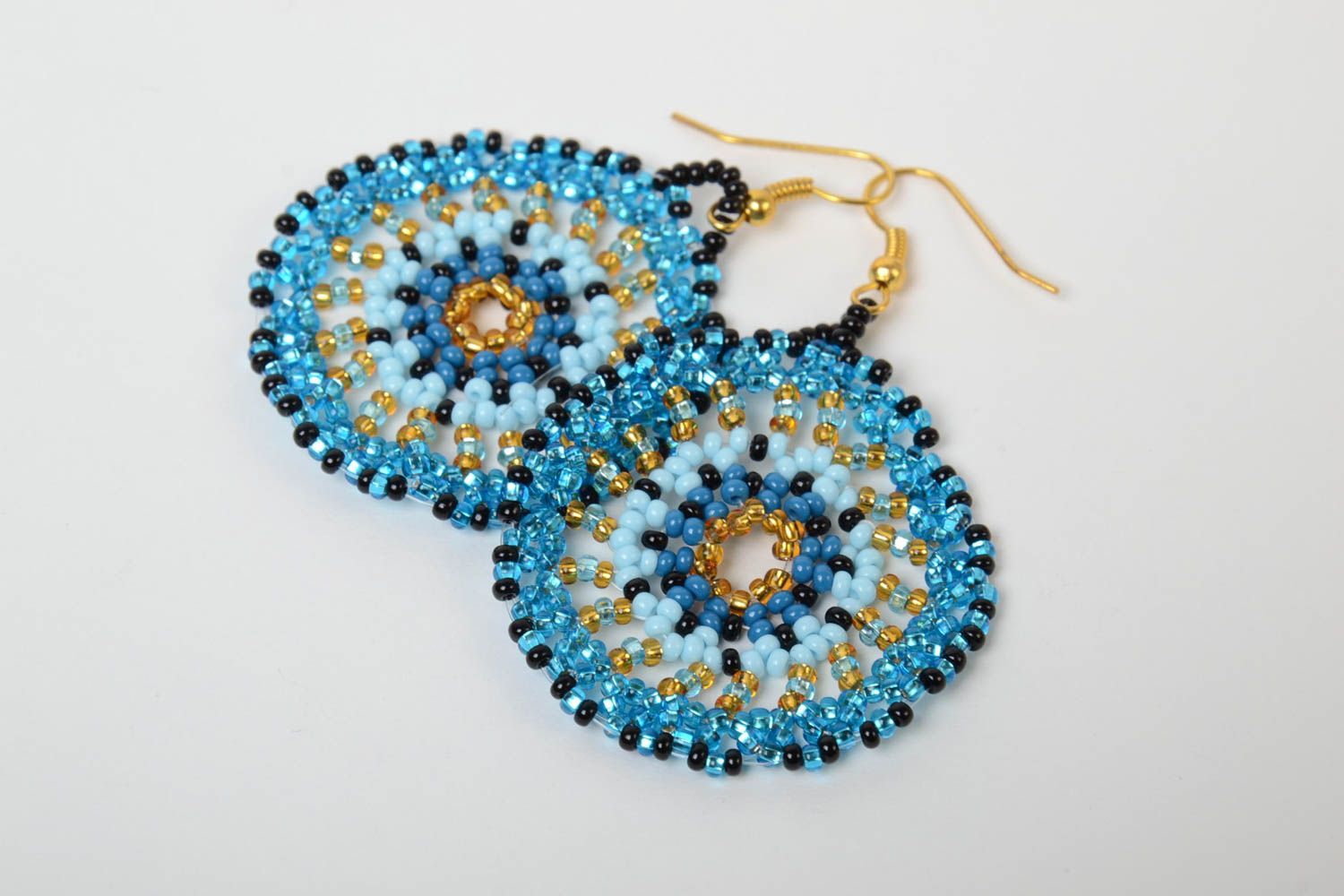 Beautiful handmade designer round blue beaded earrings with hook type ear wires photo 5
