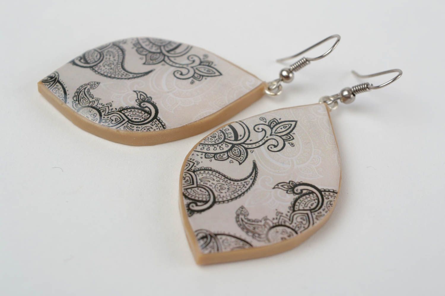 Unusual handmade designer polymer clay earrings with decoupage black and white photo 5