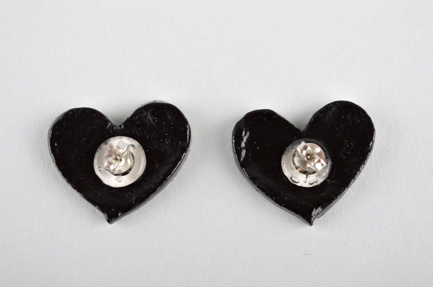Handmade stud earrings ceramic jewelry black hearts cute earrings for girls photo 4