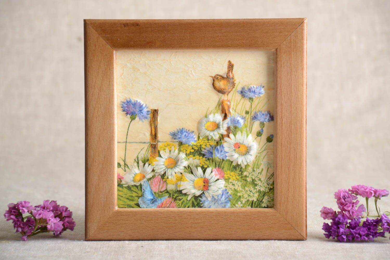 Petit Tableau carré en relief fait main fleurs et oiseau Décoration maison photo 1