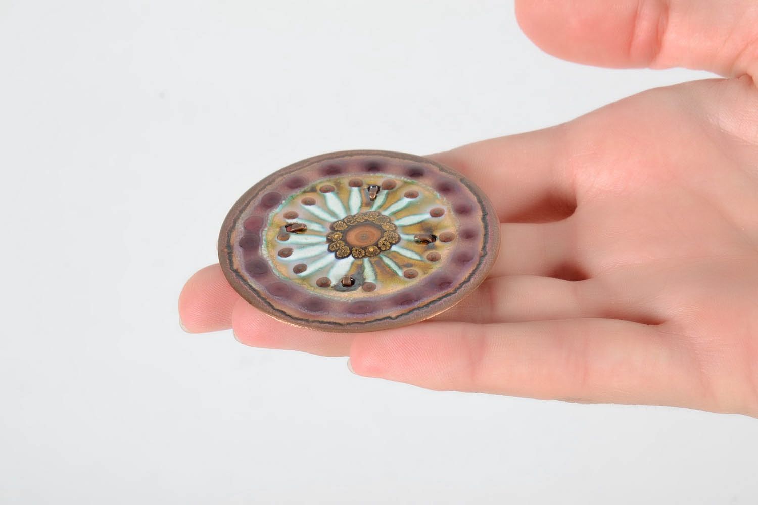 Copper brooch decorated with hot enameling photo 5