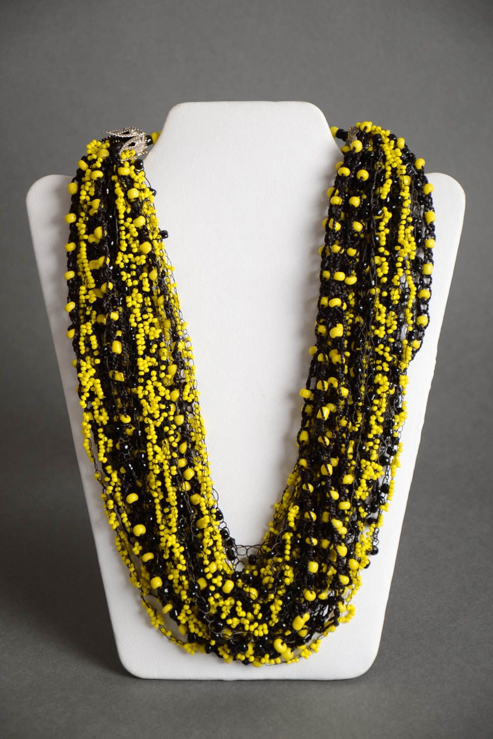 Handmade designer black and yellow multi row necklace crocheted of beads  photo 2