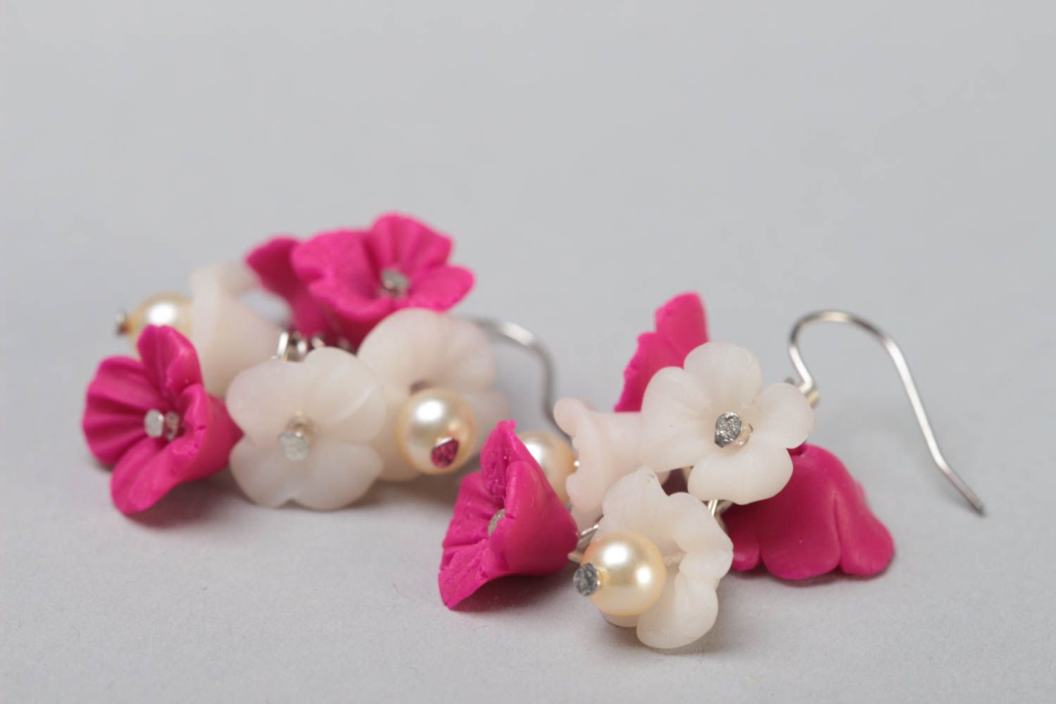 Handmade designer polymer clay floral dangling earrings in pink and milk colors photo 3
