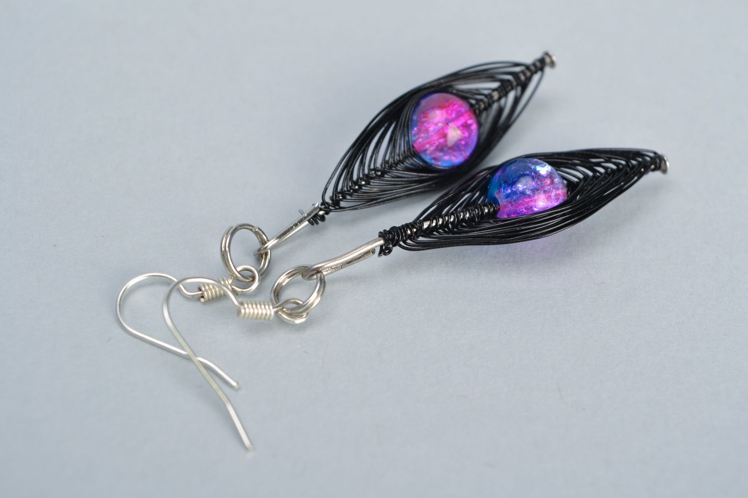Long handmade wire earrings with beads Space photo 3