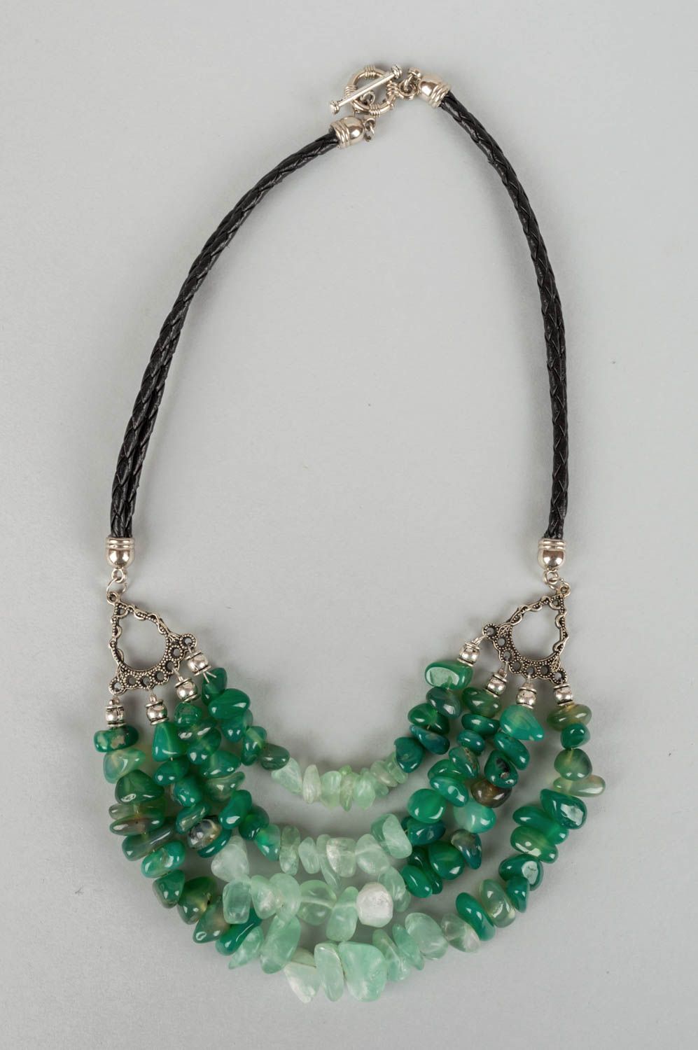 Handmade massive multi row necklace with latten elements and green agate beads photo 2