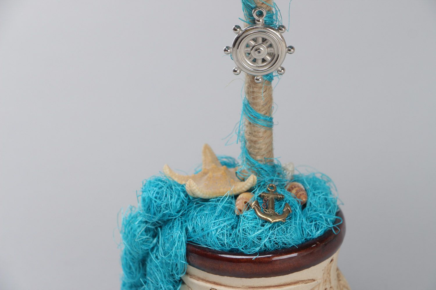 Handmade topiary tree created of natural sisal and cockleshells in blue colors photo 4