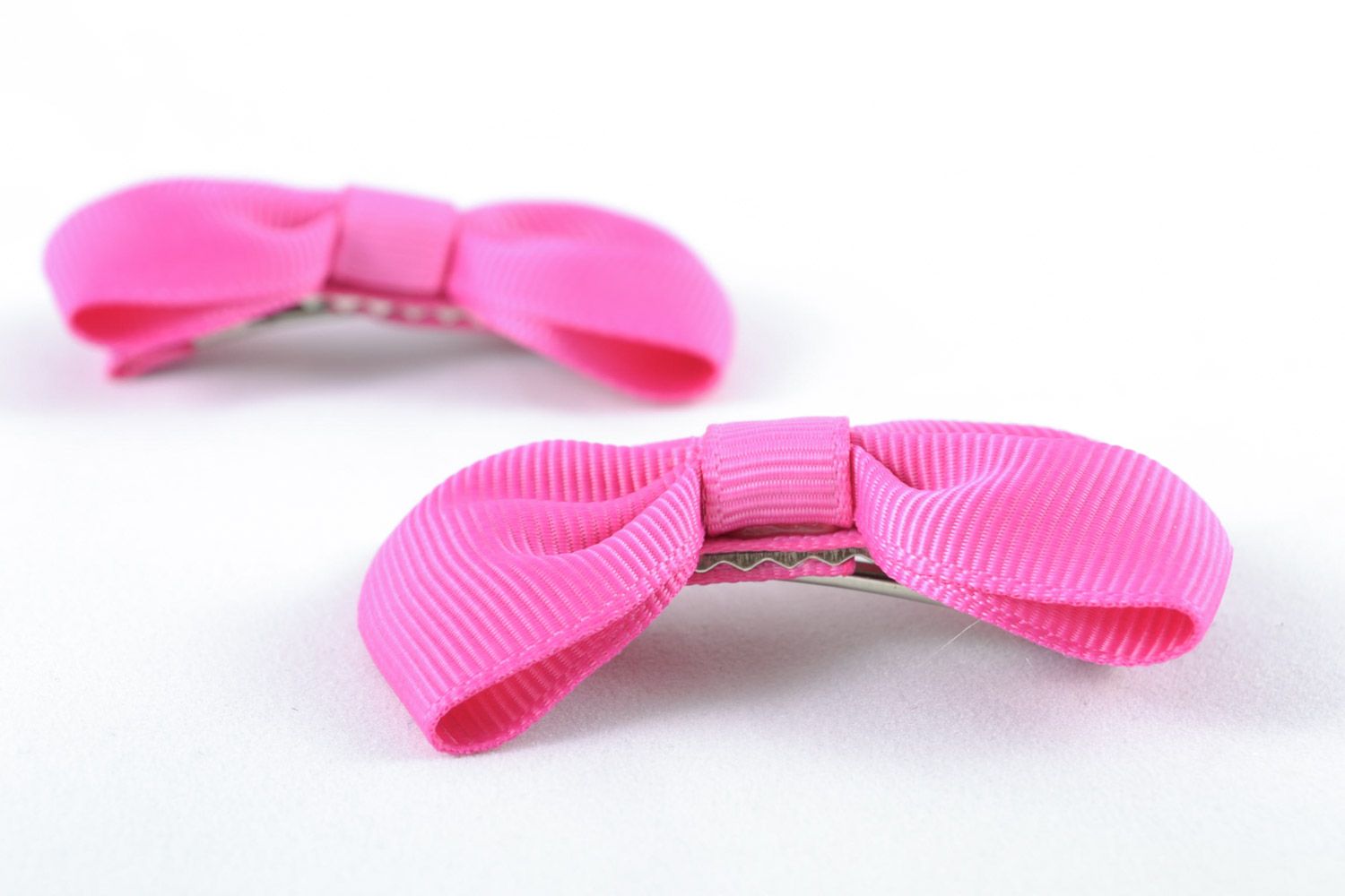 Bright pink small handmade textile hair bows 2 items textile hair accessories set photo 5
