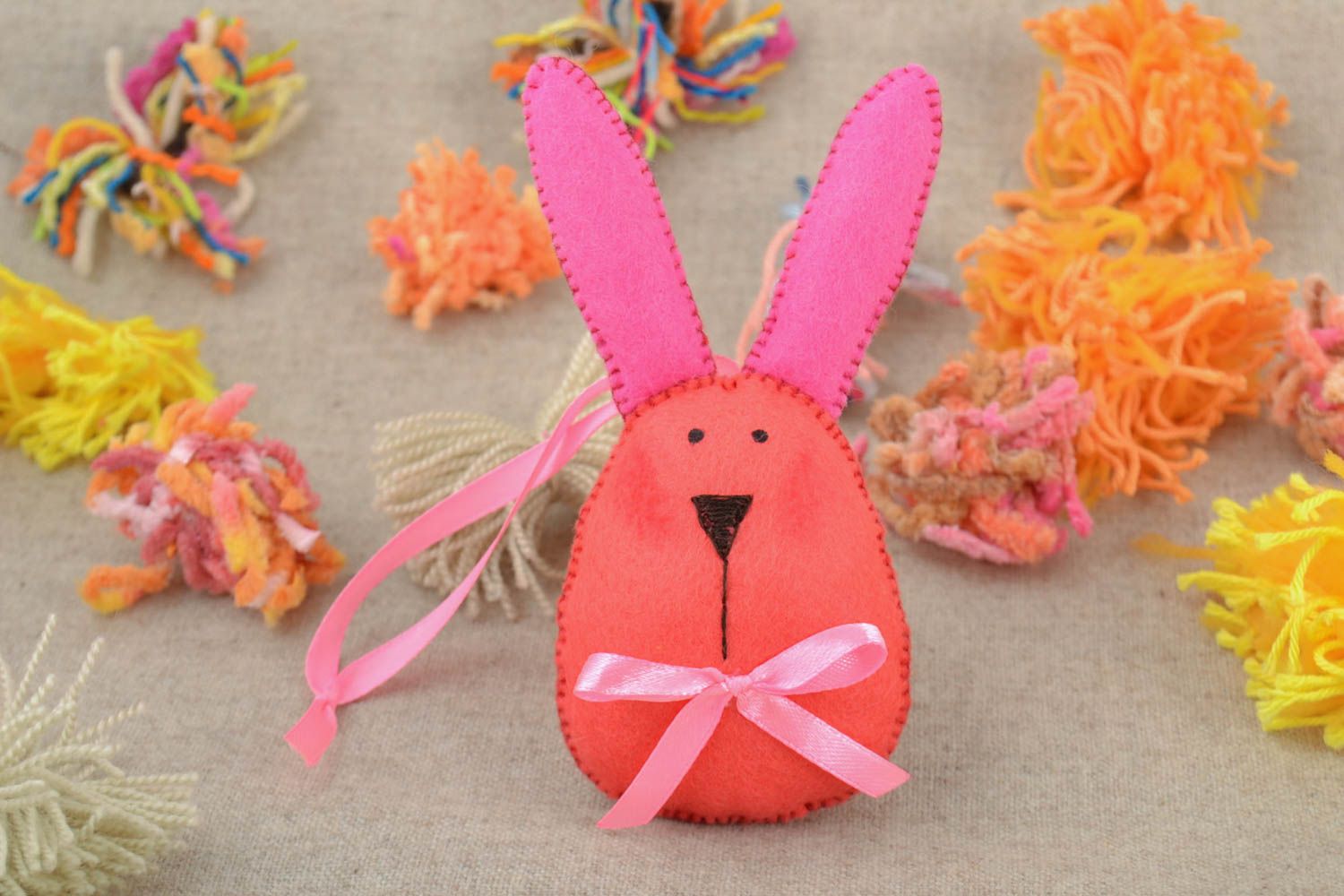 Beautiful handmade fabric soft interior hanging toy rabbit with ribbon photo 1