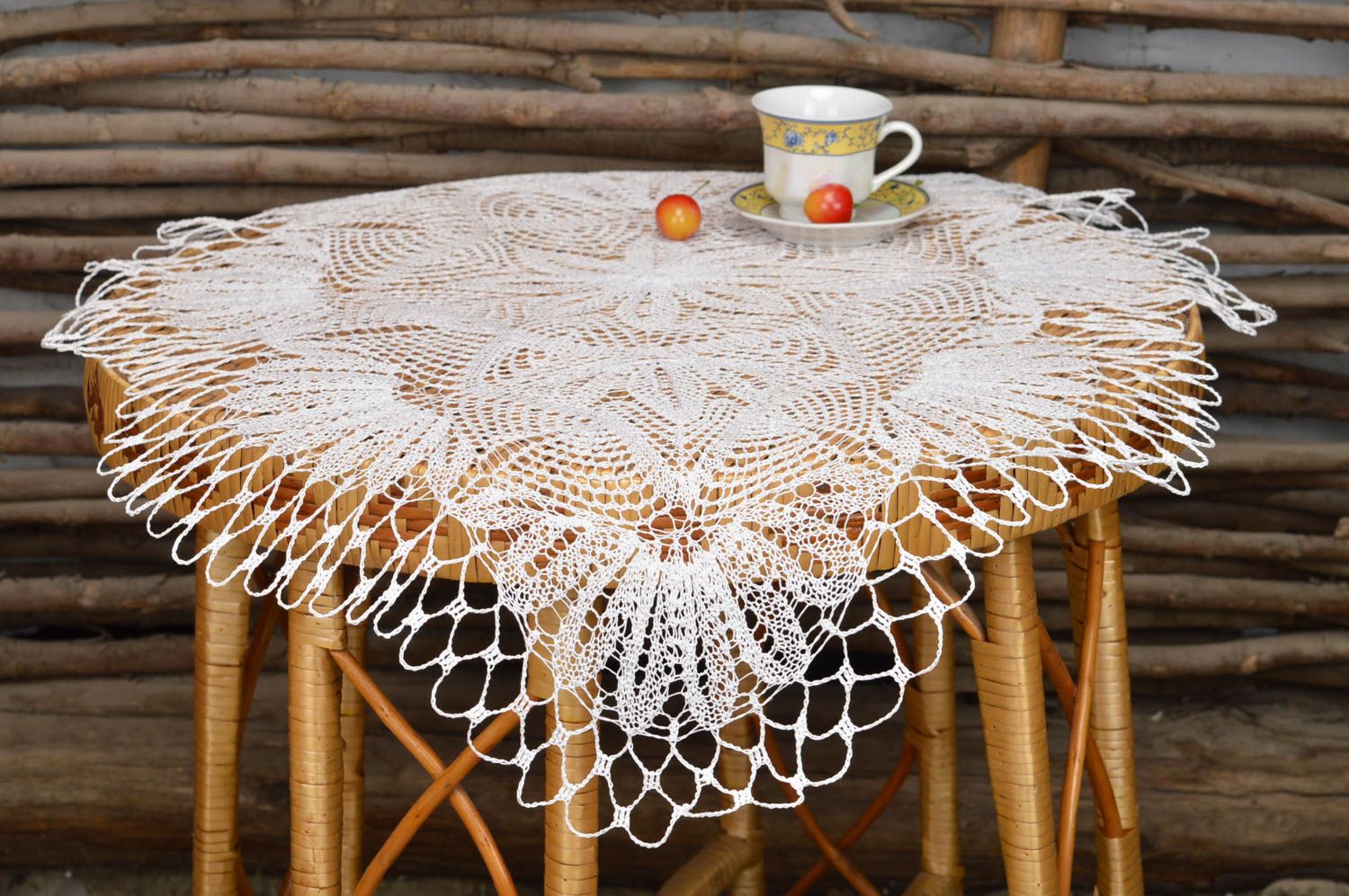 Snow white handmade decorative oval table napkin crocheted of cotton threads photo 1