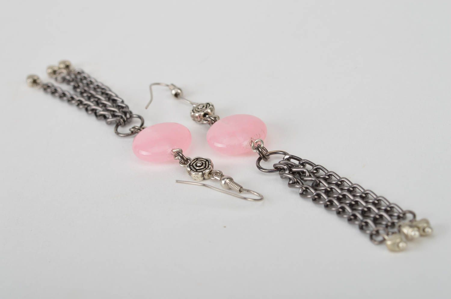 Beautiful homemade designer long metal earrings with pink beads photo 5