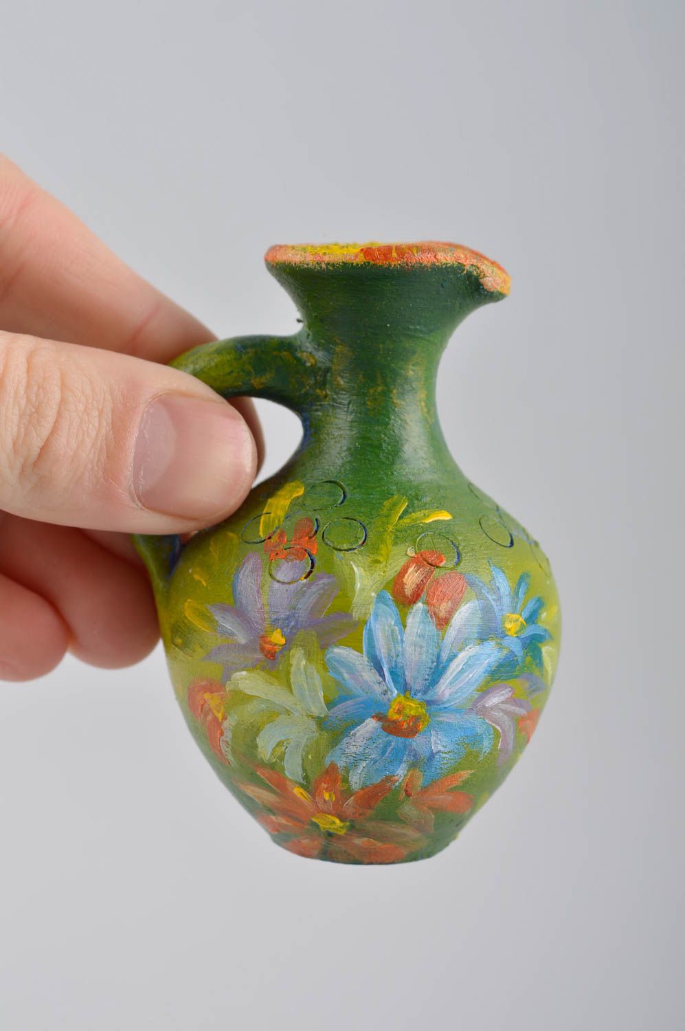 Cruche à l'eau Vaisselle miniature fait main verte à fleurs Figurine céramique photo 5