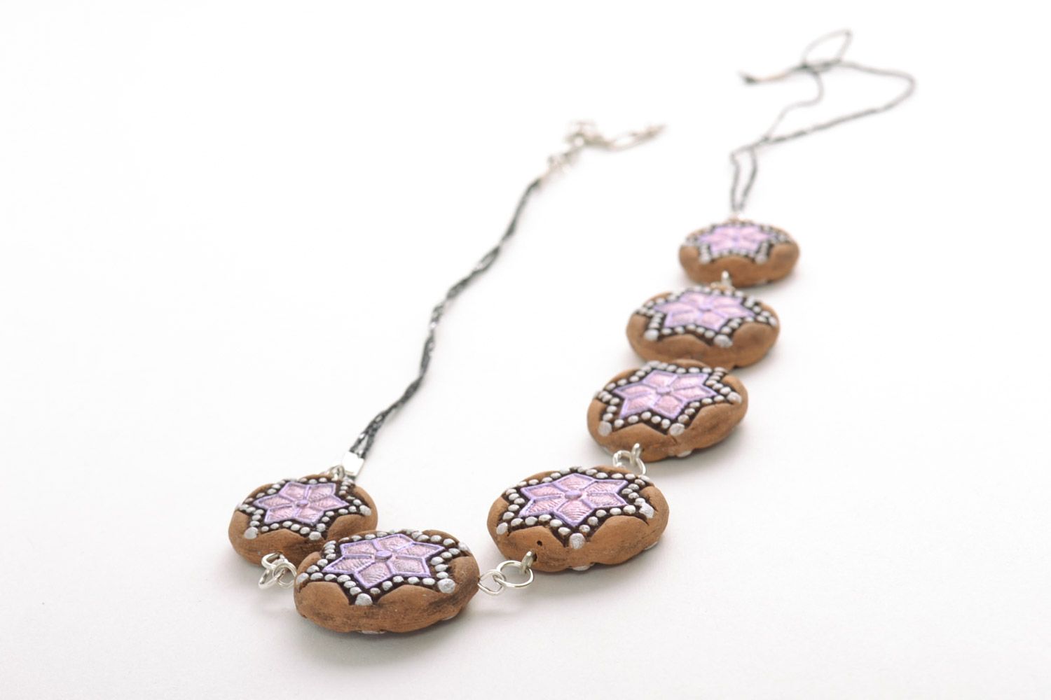 Beautiful handmade designer clay bead necklace on cord with painting  photo 4