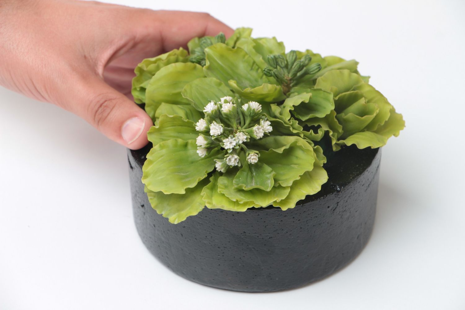 Small green handmade polymer clay flower composition in pot for home decor photo 5
