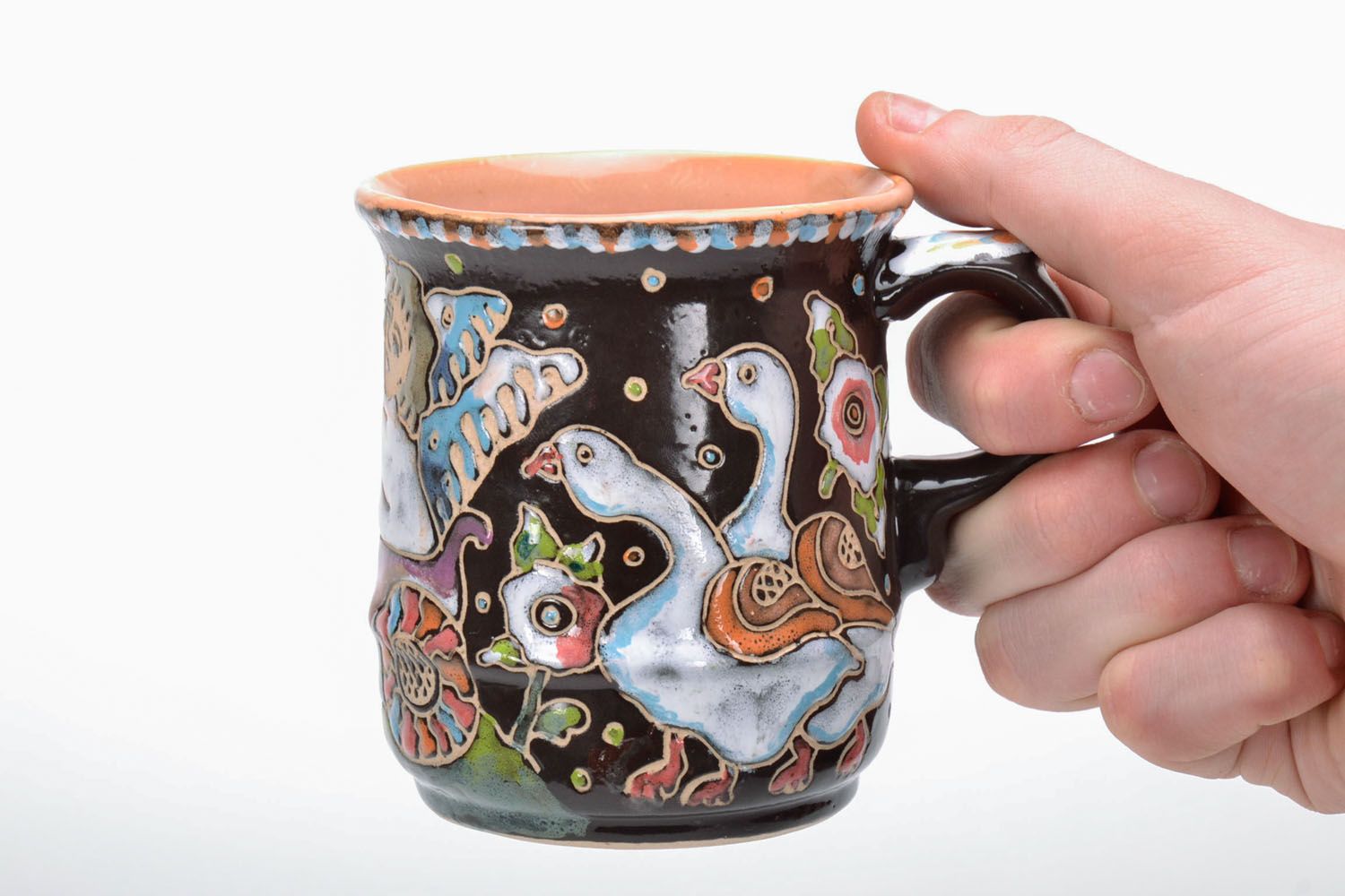 Decorative art glazed coffee mug with handle and funny goose pattern photo 5
