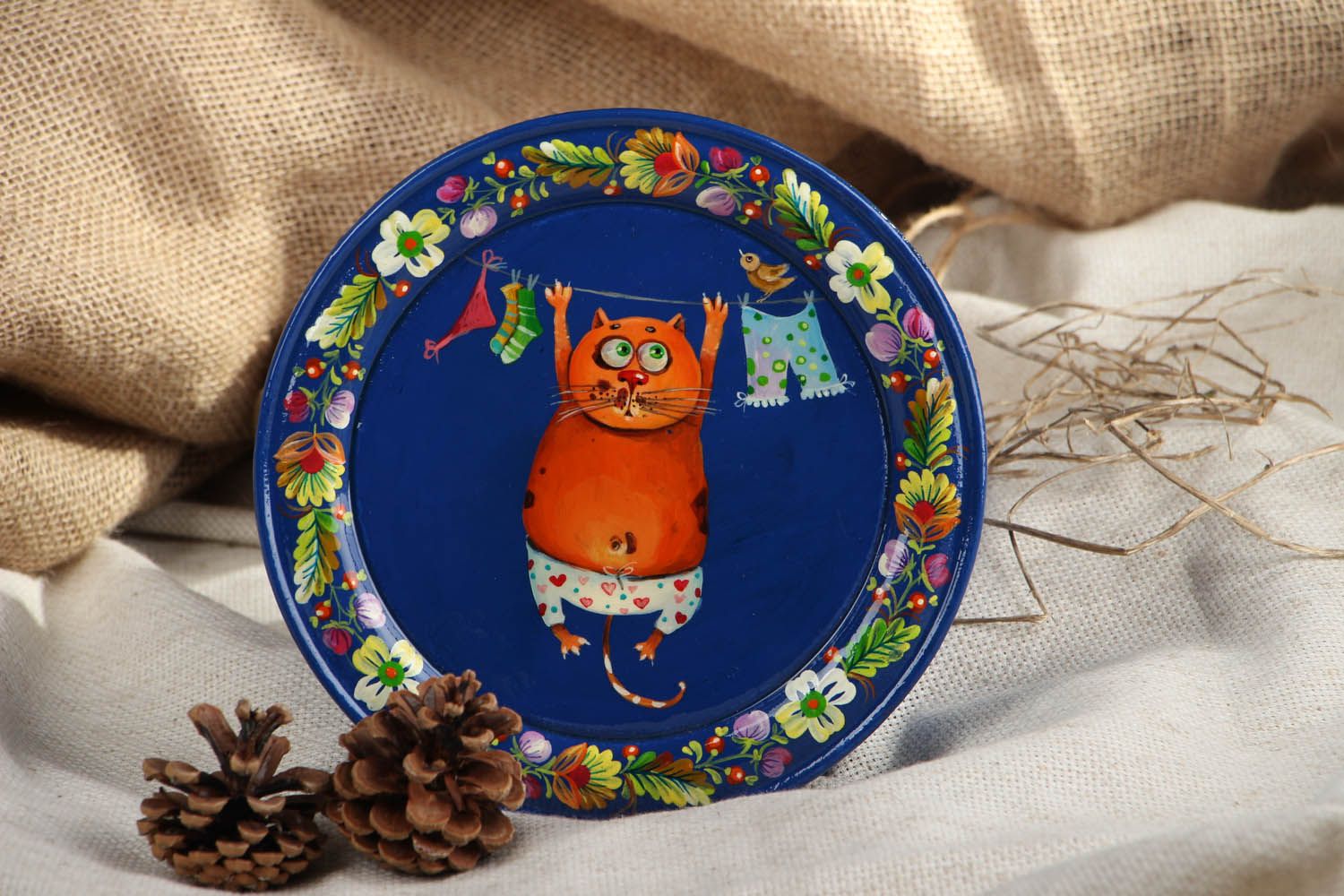 Wooden plate Cat and Clothesline photo 5