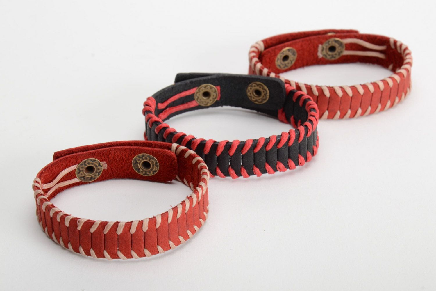 Set of unusual handmade genuine leather wrist bracelets 3 items photo 2