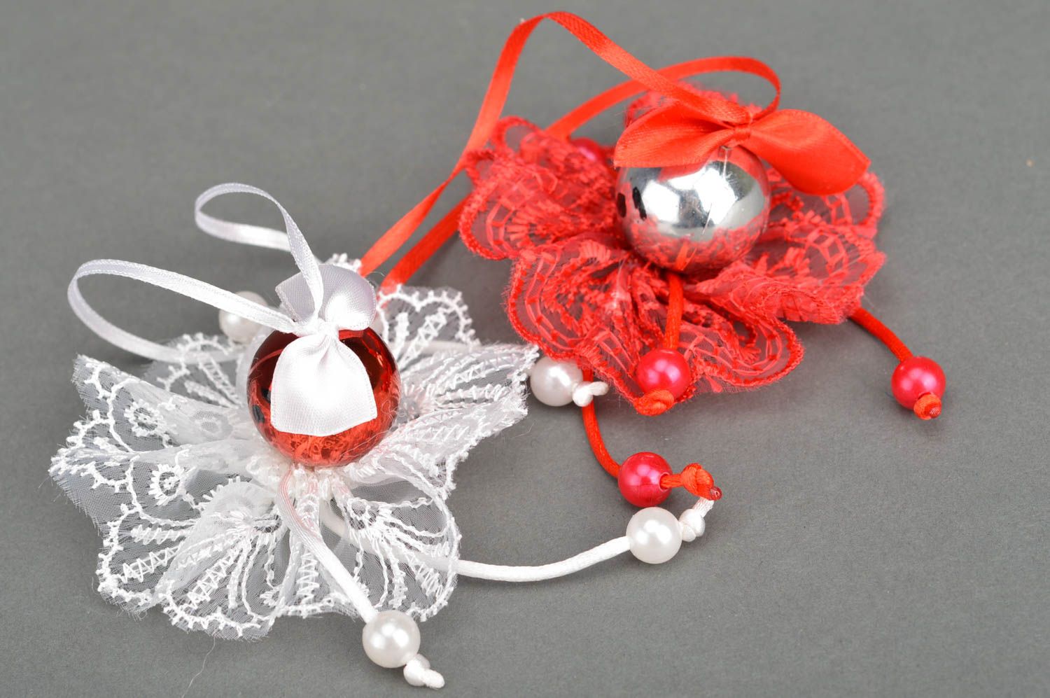 Set of 2 handmade decorative red and white lace and ribbon wall hangings  photo 2