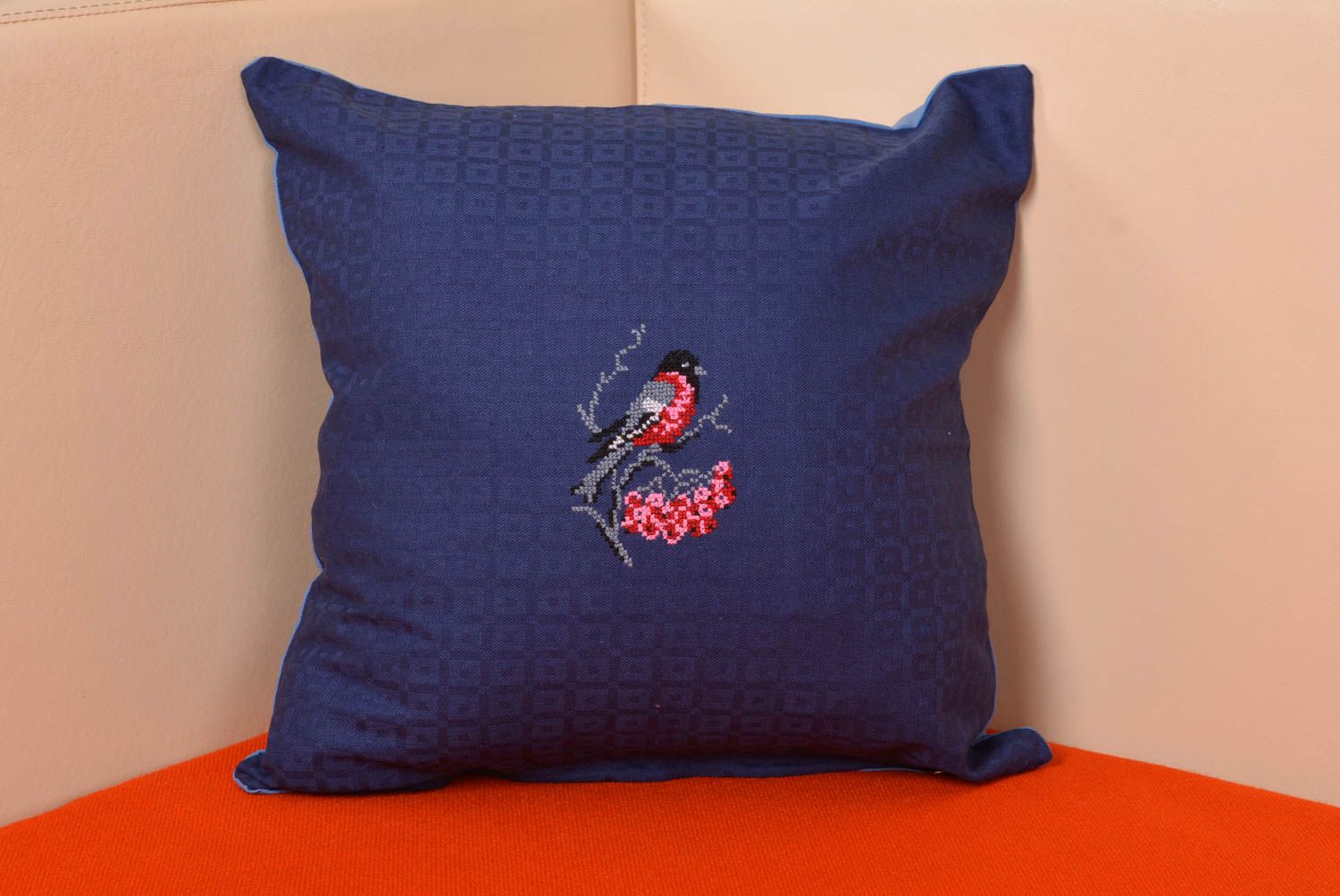 Designer blue handmade pillow case made of satin with embroidered bird photo 1