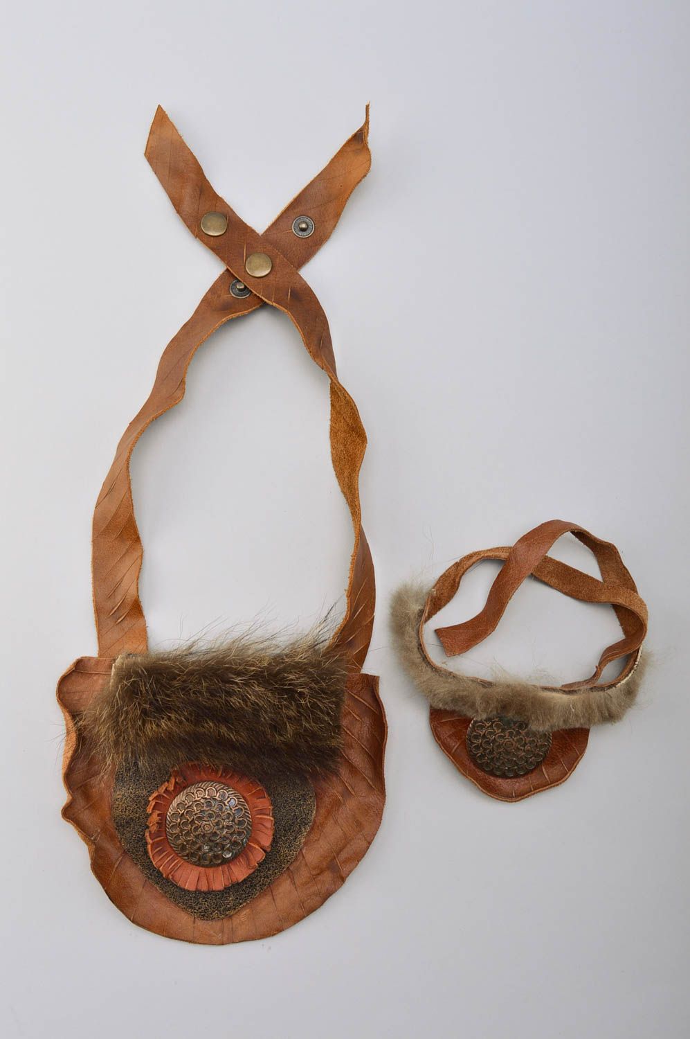 Handmade Schmuck Set Collier Halskette aus leder breites Lederarmband in Braun foto 2