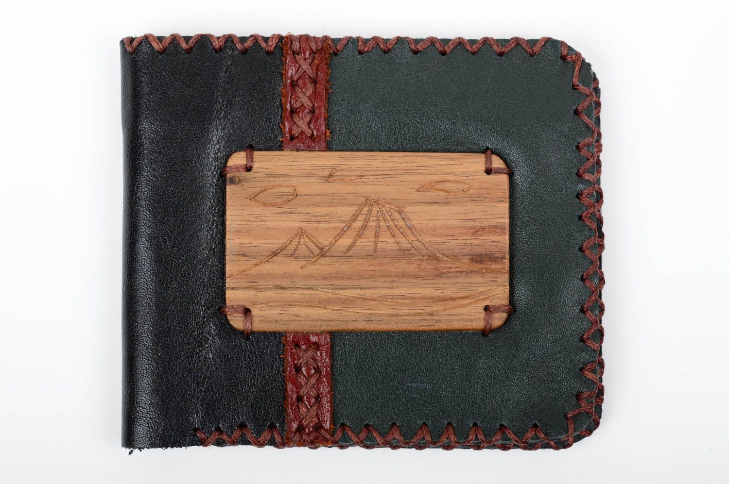Кожаный кошелек портмоне прямоугольный горизонтальный темный ручная работа фото 1