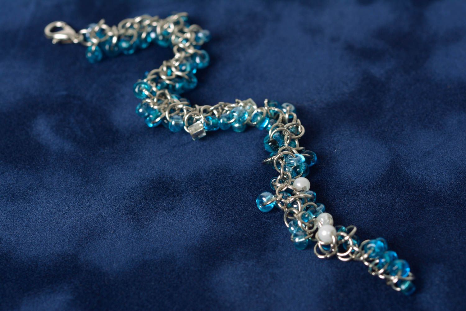 Designer women's wrist bracelet with blue beads and metal handmade stylish photo 5