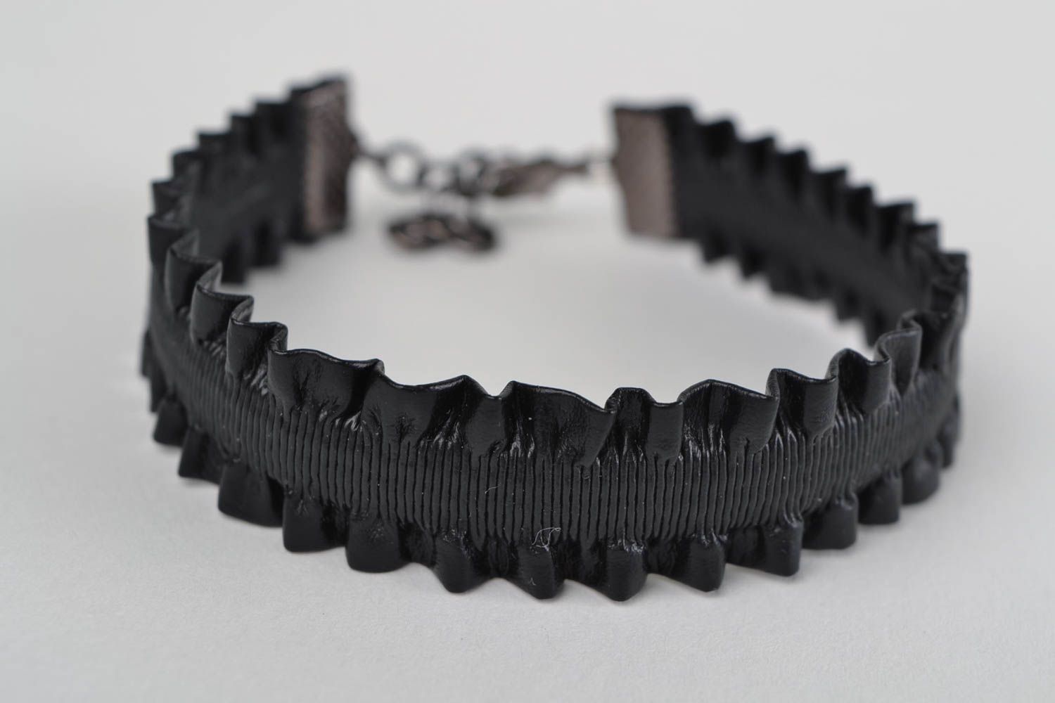 Unusual handmade designer faux leather wide bracelet of black color photo 3