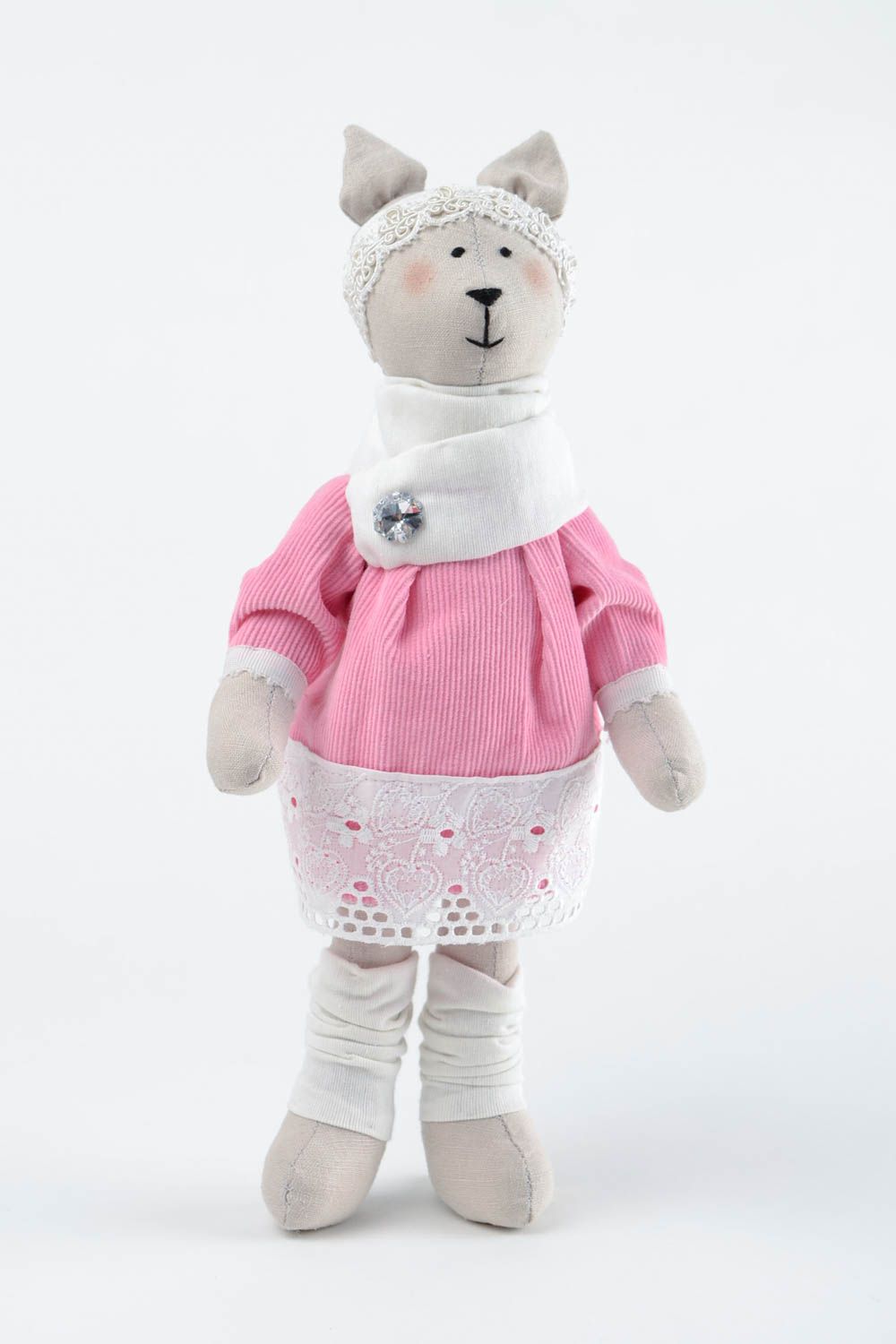 Poupée Chat en tissu Peluche faite main en robe rose Cadeau pour enfant photo 4
