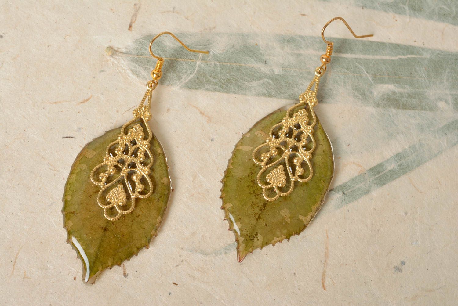 Green Leaf Resin Earrings