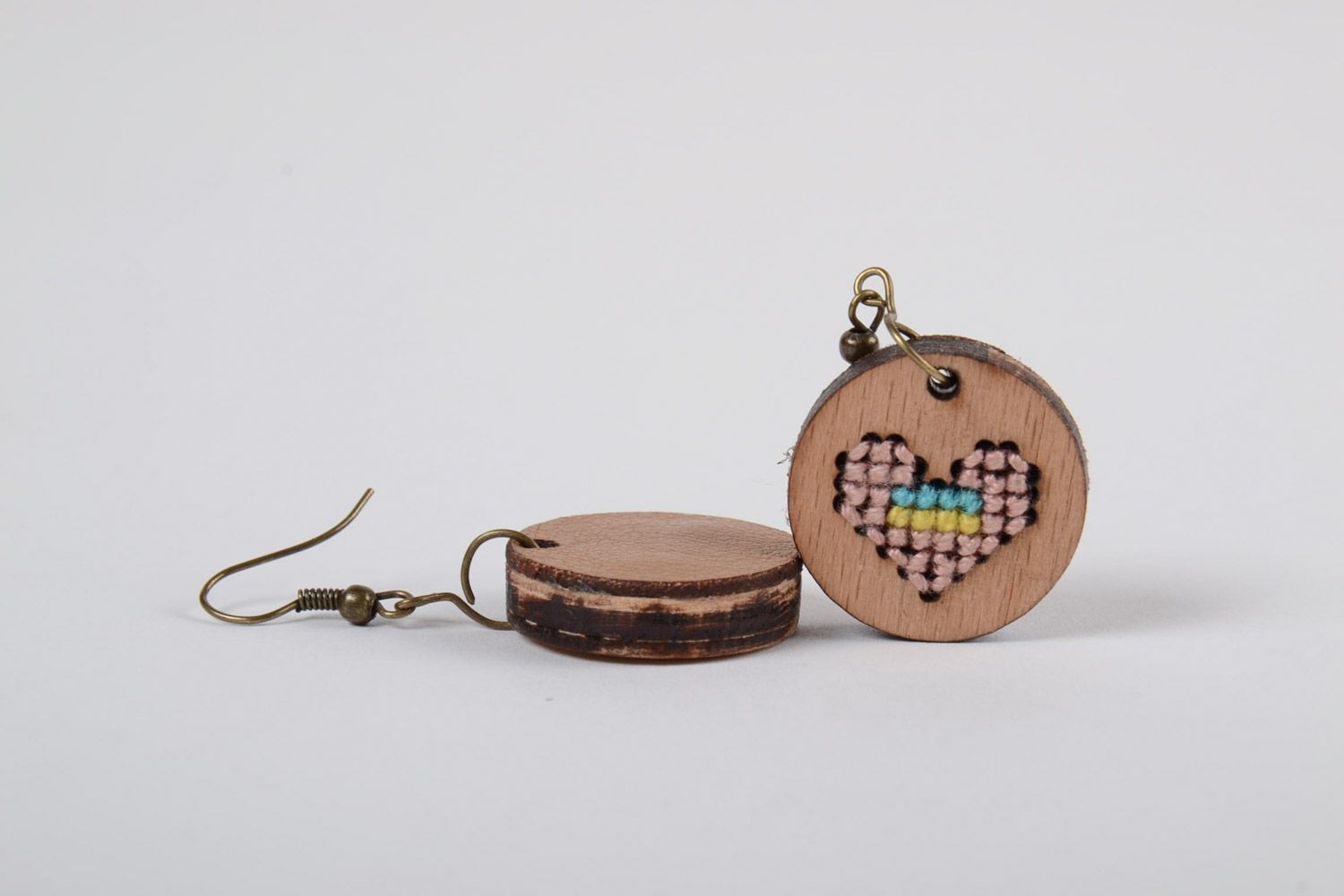 Handmade round plywood earrings with cross-stitch embroidery Pink Hearts photo 4