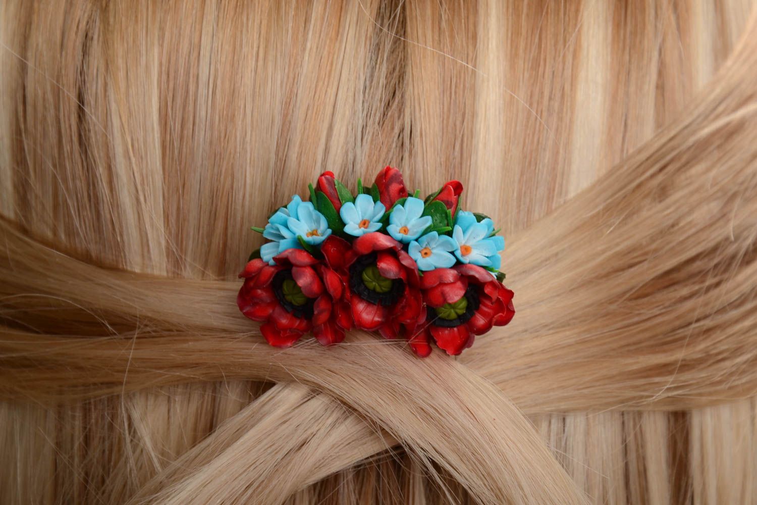 Handmade decorative hair comb with volume polymer clay red and blue flowers  photo 1