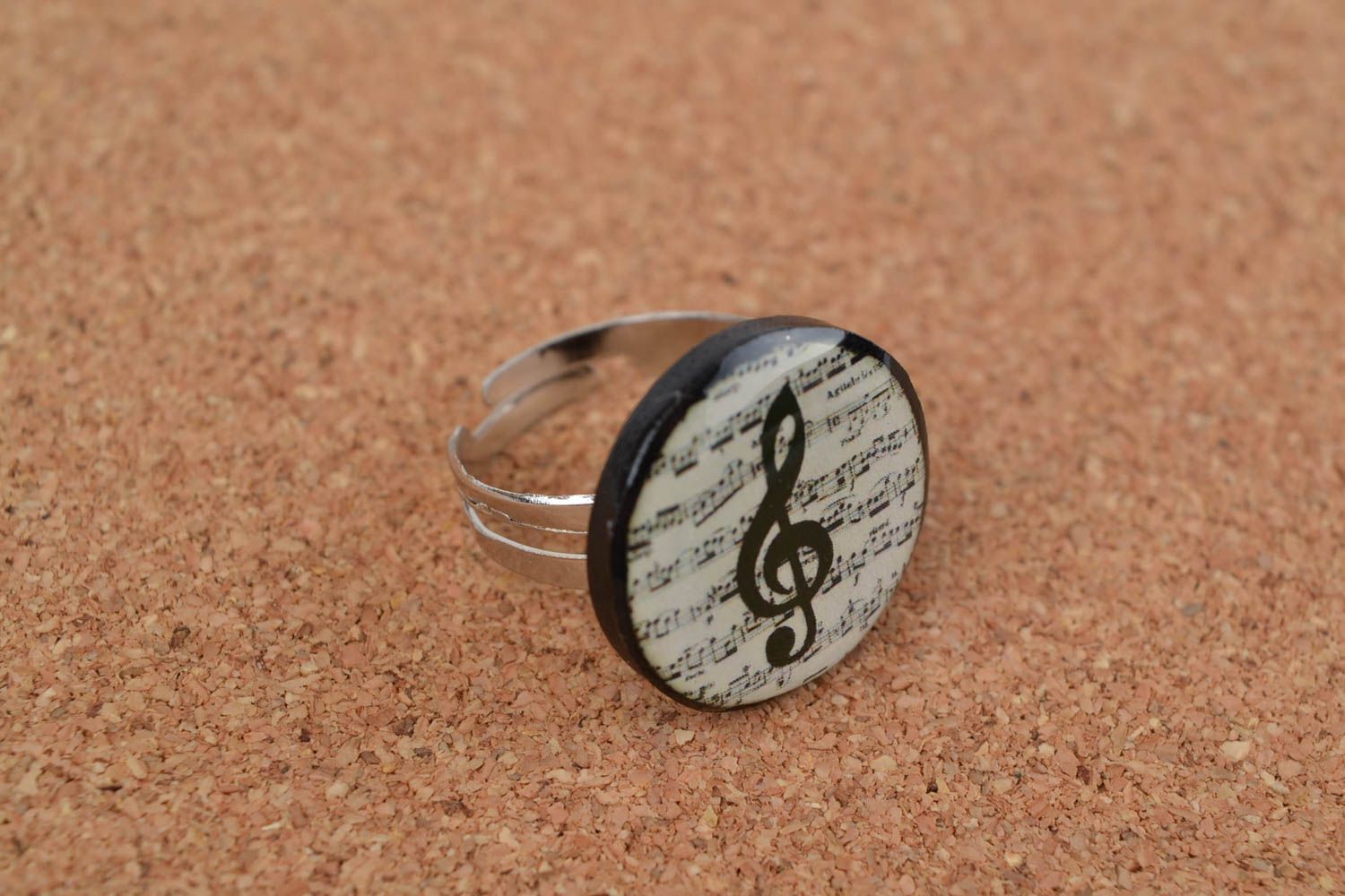 Handmade round polymer clay decoupage jewelry ring with tremble clef image photo 1