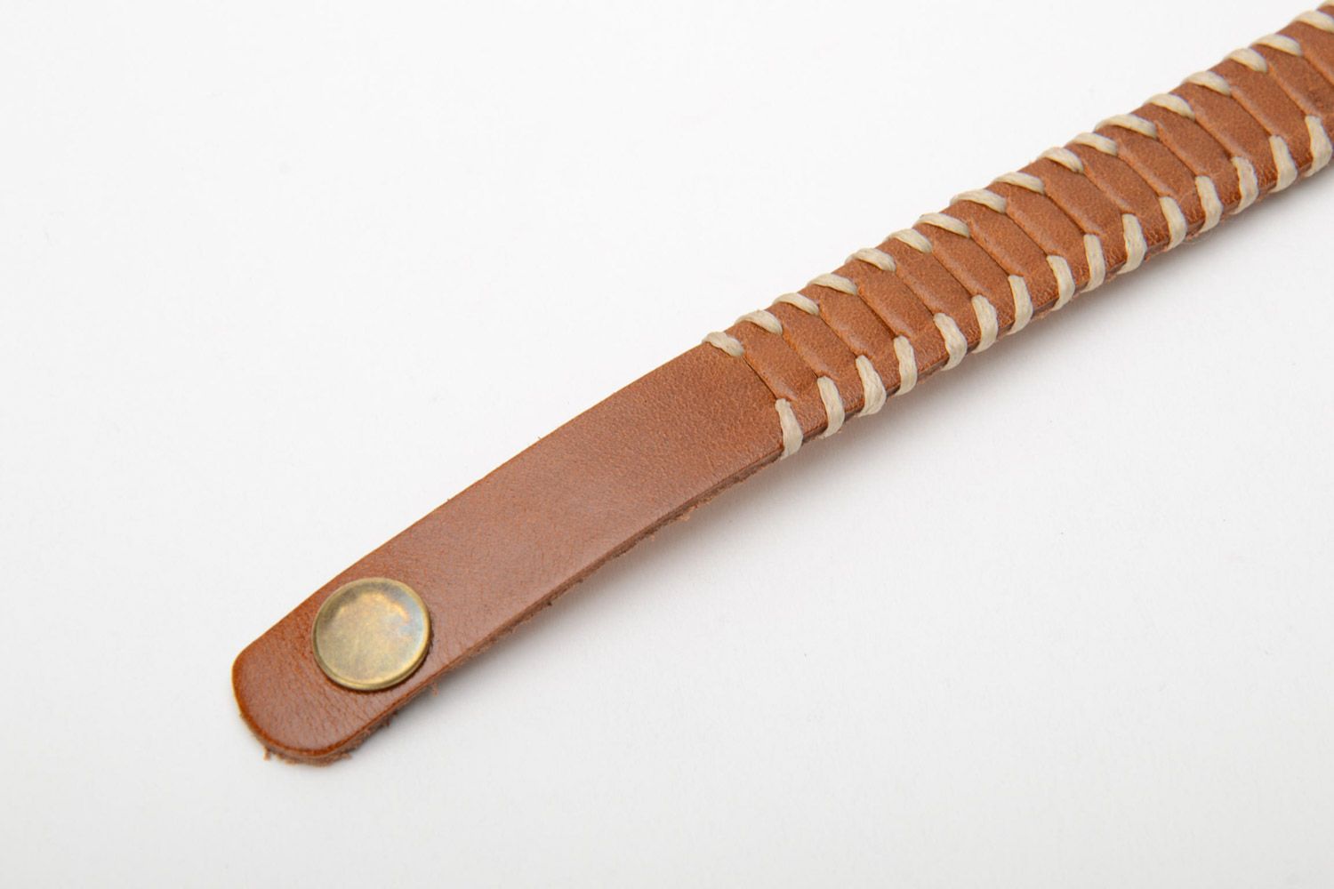 Thin handmade light brown genuine leather wrist bracelet with metal rivets photo 5