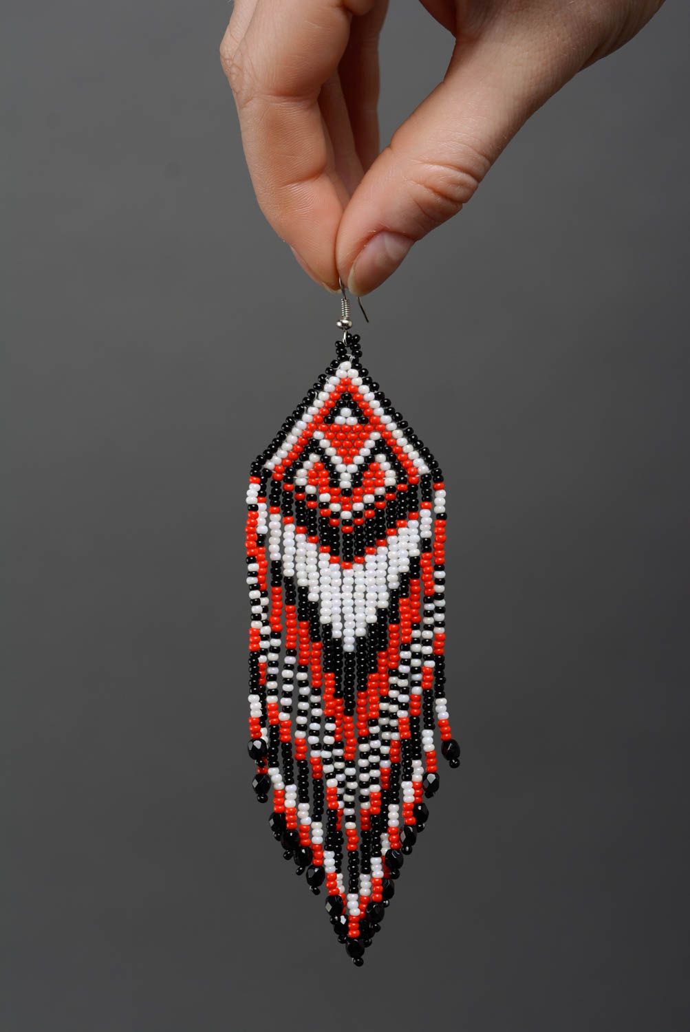 Unusual handmade ethnic design long earrings with beaded fringe of three colors photo 3