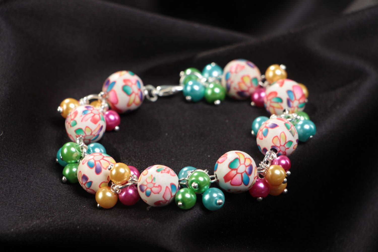 Handmade children's design polymer clay bracelet with ceramic pearls photo 1