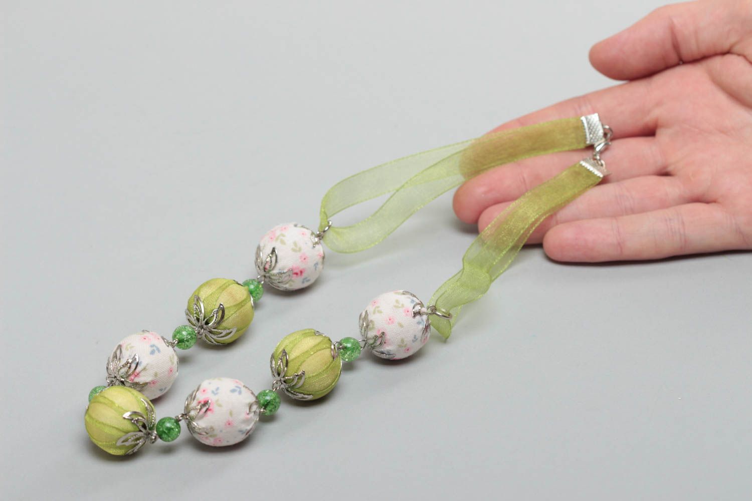 Green handmade children's textile ball necklace with organza ribbon  photo 5