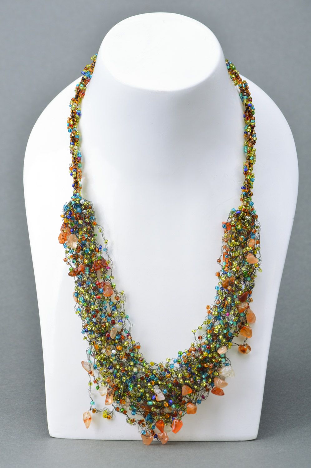 Stylish multi-colored handmade airy necklace woven of beads and gemstone photo 1